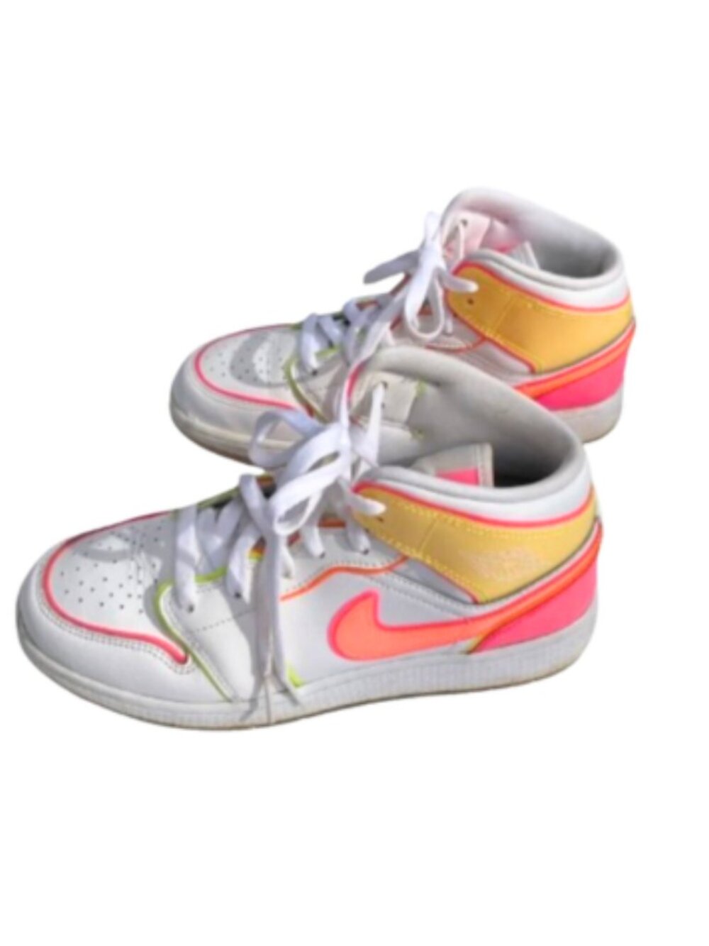 Nike Girls Air Jordan 1 Hightops Mid GS "Edge Glow" White with Neon Colors, 6Y